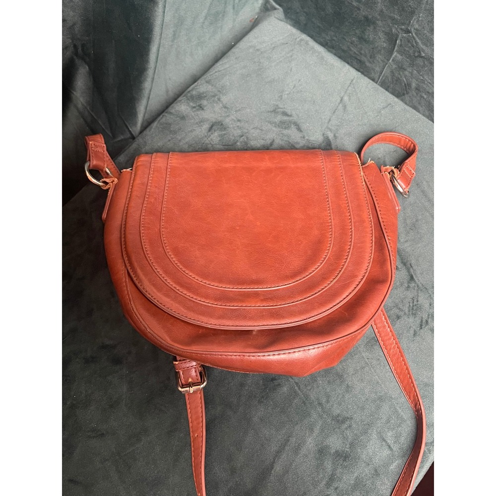 Sole Society Cognac Brown Faux Leather Saddle Crossbody Bag Animal Print Lining